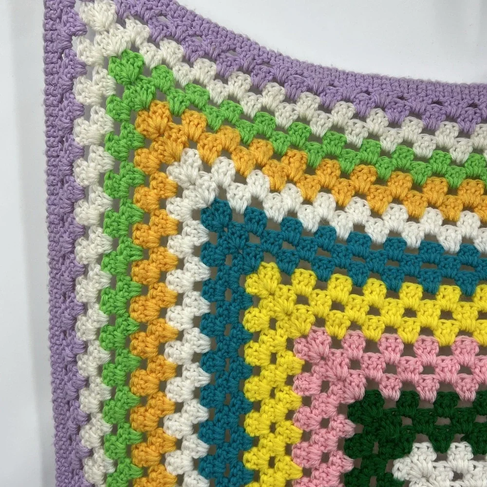 Square Crochet Lap Blanket Small Throw Quilt Rainbow Multicolored 33